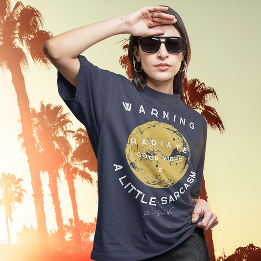 Sunshine funny yoga shirt in Heather Midnight Navy — warning radiate good vibes sarcasm graphic tee by Ramro Yoga Wear