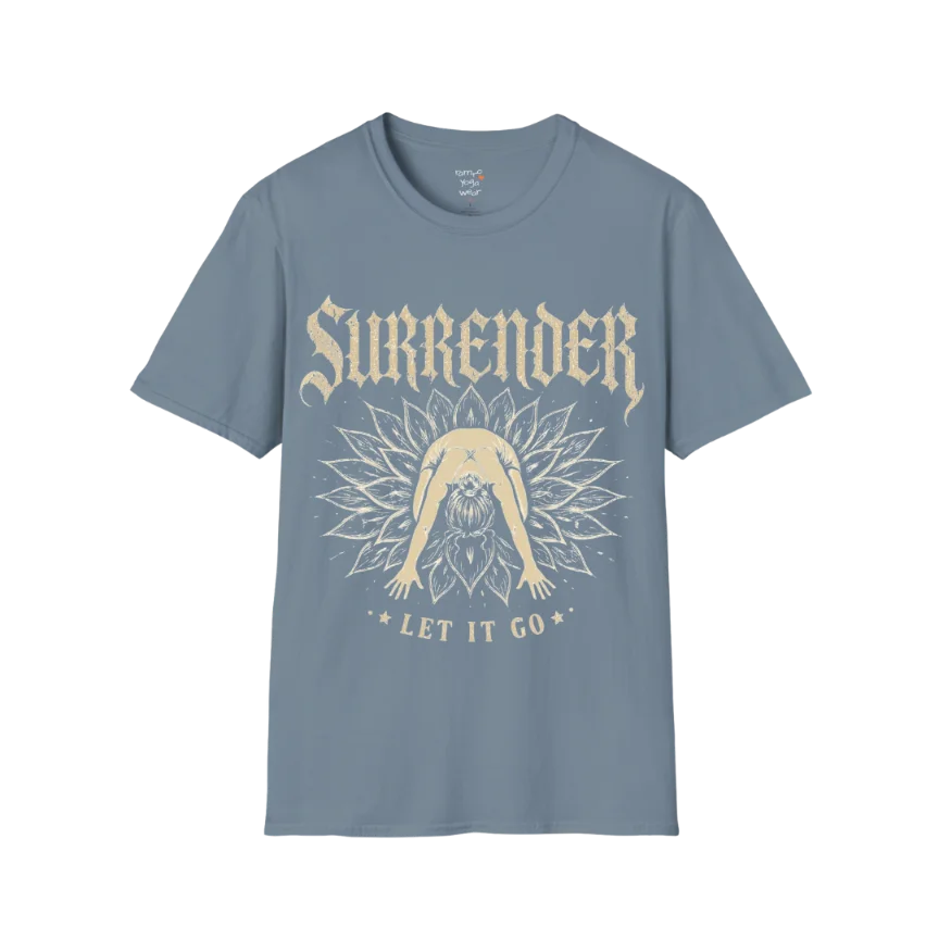 Surrender T-Shirt in Stone Blue with vintage spiritual artwork and relaxed yoga-inspired streetwear styling.