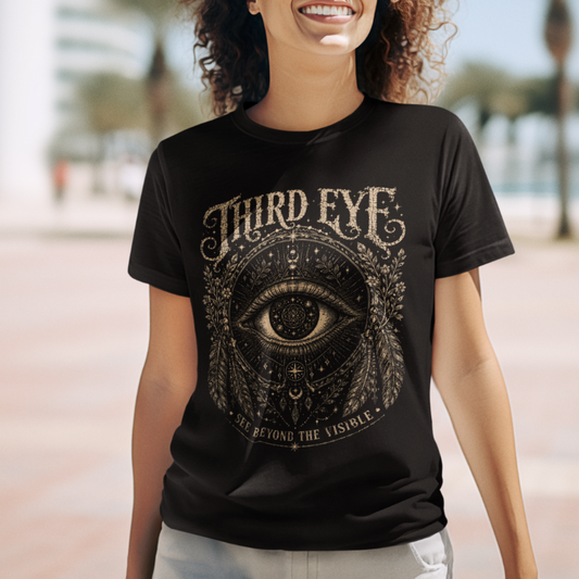 Woman wearing Third Eye black sacred yoga shirt smiling at the beach with palm trees — Sacred Thread collection by Ramro Yoga Wear