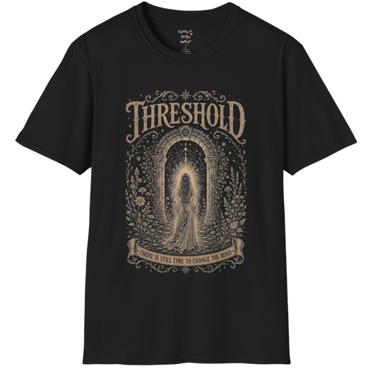 Woman standing before a sacred stone archway with botanical engraving design — Dark Sacred Stillness collection by Ramro Yoga Wear — Black