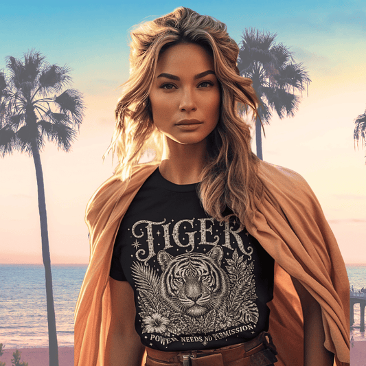Ramro Yoga Wear Tiger tee in Black — lifestyle shot, worn outdoors at golden hour
