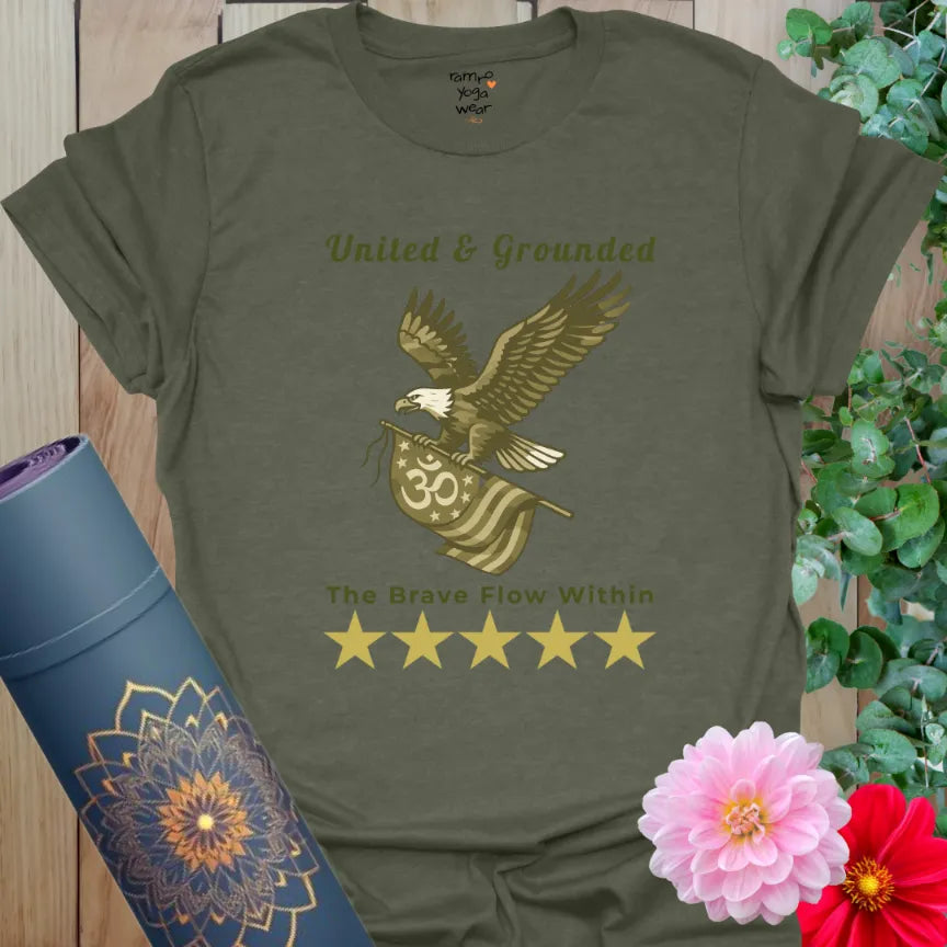 Camo eagle vintage yoga tee on heather military green — bold flow and freedom.