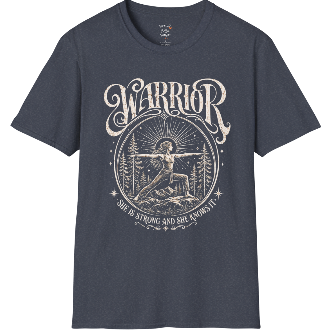 Heather Navy Warrior T-Shirt featuring vintage spiritual warrior artwork with calm mindful styling.