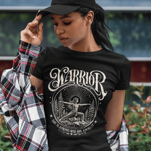 Ramro Yoga Wear Warrior tee in Black — celestial warrior yoga pose vintage design, urban street lifestyle shot