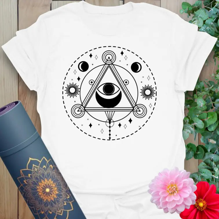 White All Seeing Eye T-Shirt – sacred symbol t-shirt with third eye and celestial design for yogis