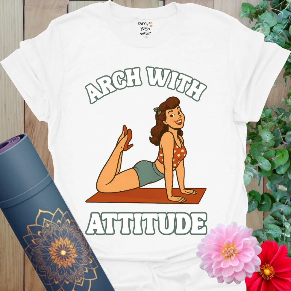 Clean white yoga t-shirt featuring smiling pinup in Upward-Facing Dog pose with playful attitude slogan for mindful style.
