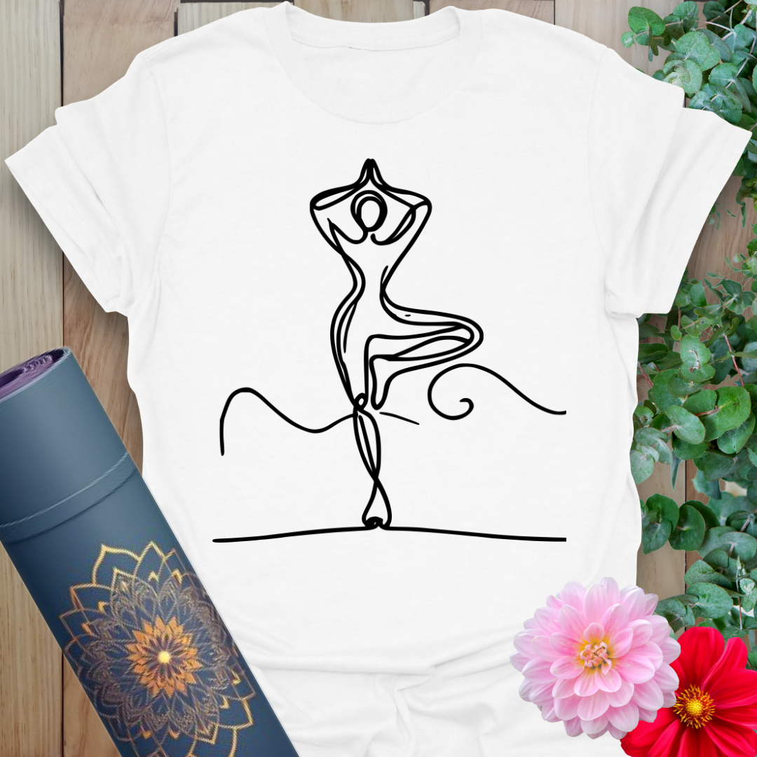 White unisex yoga shirt with simple line art of balancing pose