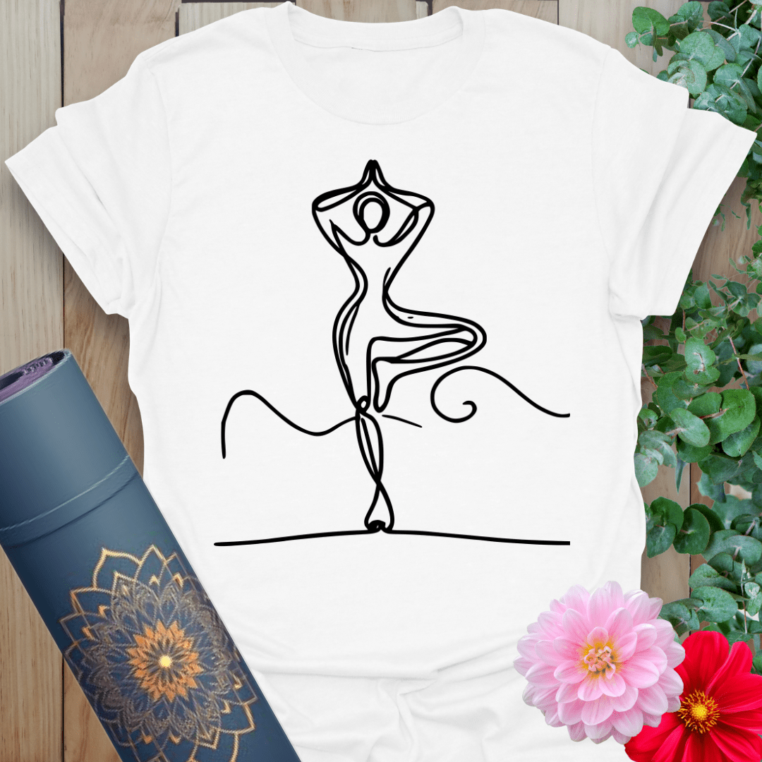 White unisex yoga shirt with simple line art of balancing pose