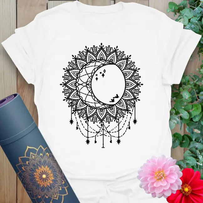 White Boho Sun Moon T-Shirt with sacred geometry sun and moon artwork