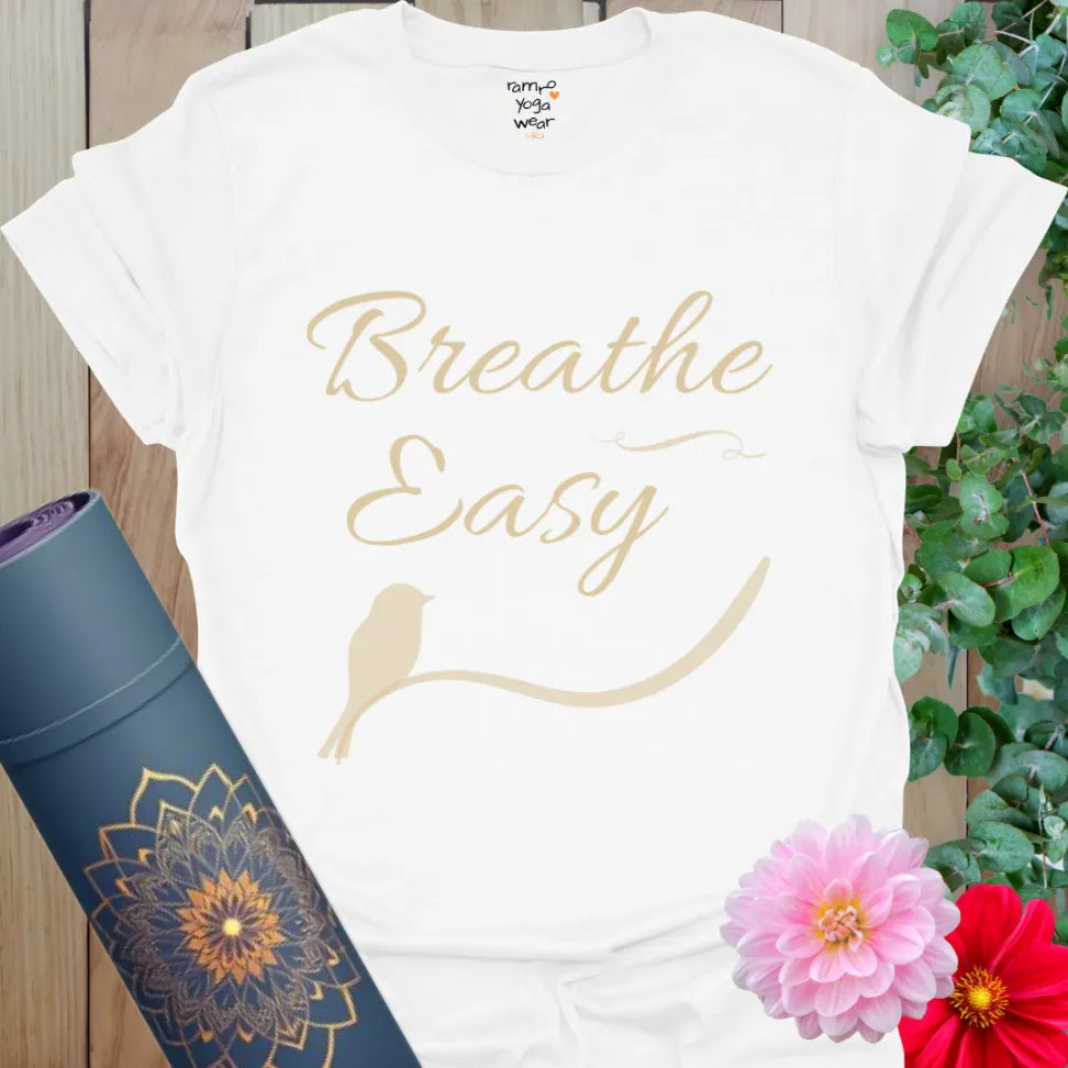 White Breathe Easy T-Shirt with delicate script and soft beige graphic. A wearable mantra for staying grounded and breathing easy.