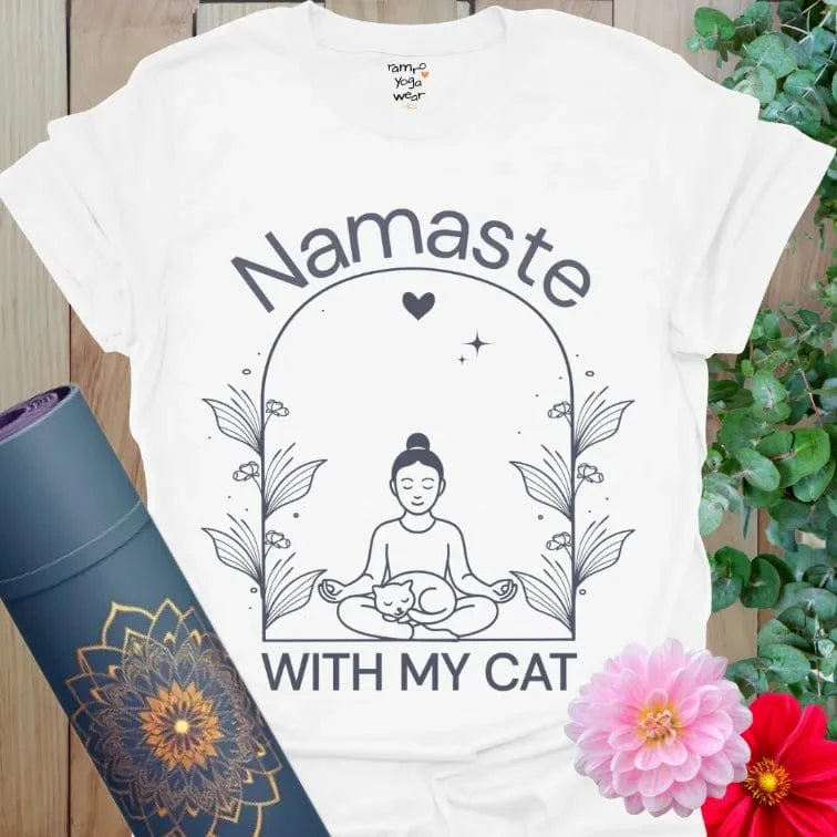 White Cat Nap T-Shirt showing a calm yoga design with cat and “Namaste With My Cat” slogan.