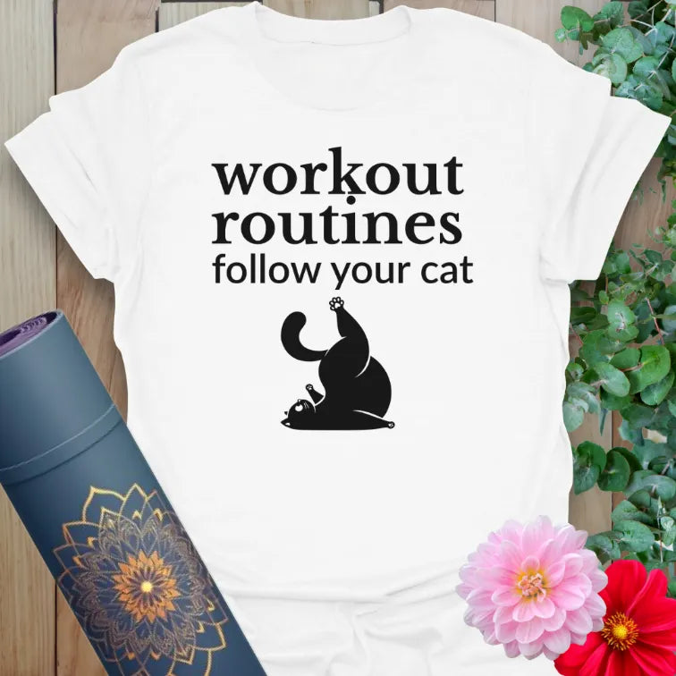 White Cat Routine T-Shirt with funny fitness quote and yoga cat illustration