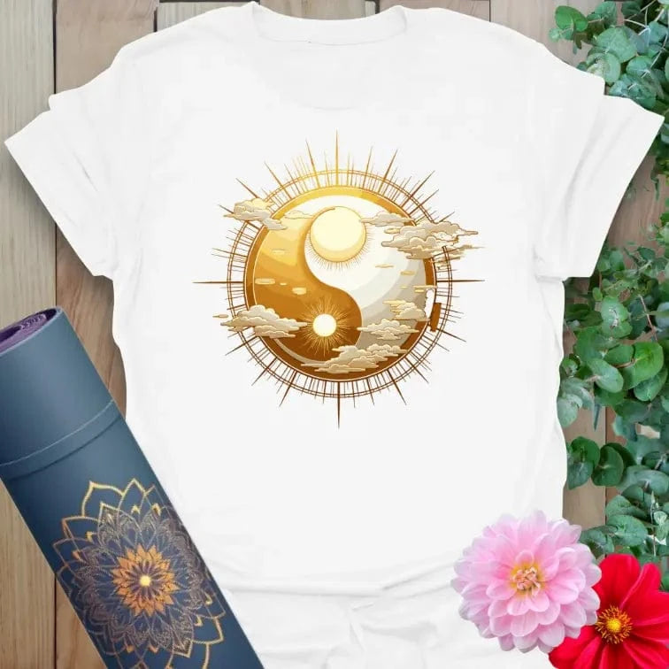 White Cosmic Harmony T-Shirt featuring radiant yin-yang and ethereal clouds artwork