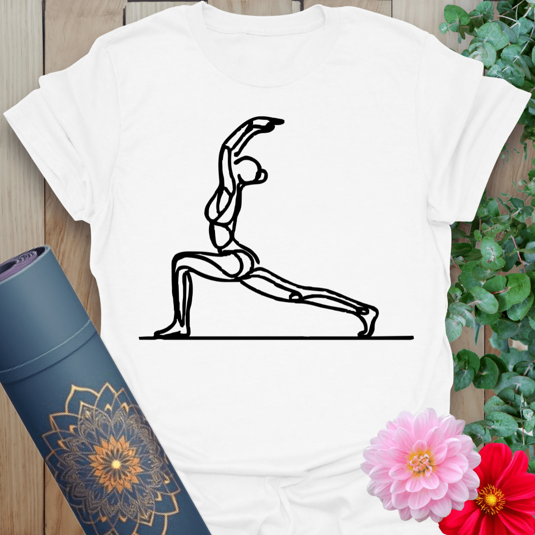 White Crescent Lunge T-Shirt featuring simple yoga figure in flowing lunge stretch