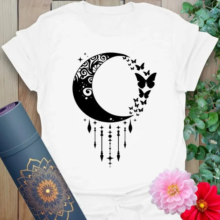 White Crescent Moon T-Shirt featuring delicate moon phase artwork and flying butterflies