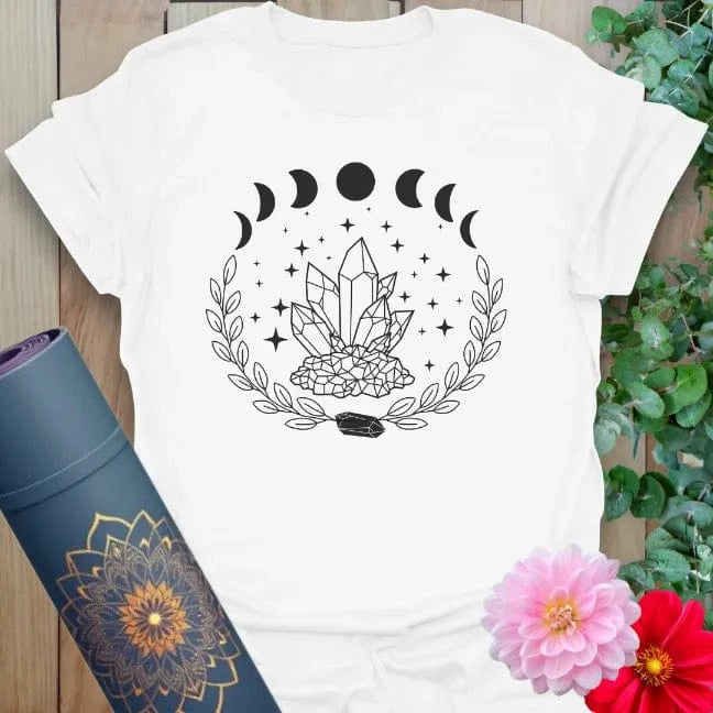 White Crystal T-Shirt featuring hand-drawn crystals, stars, and nature wreath artwork