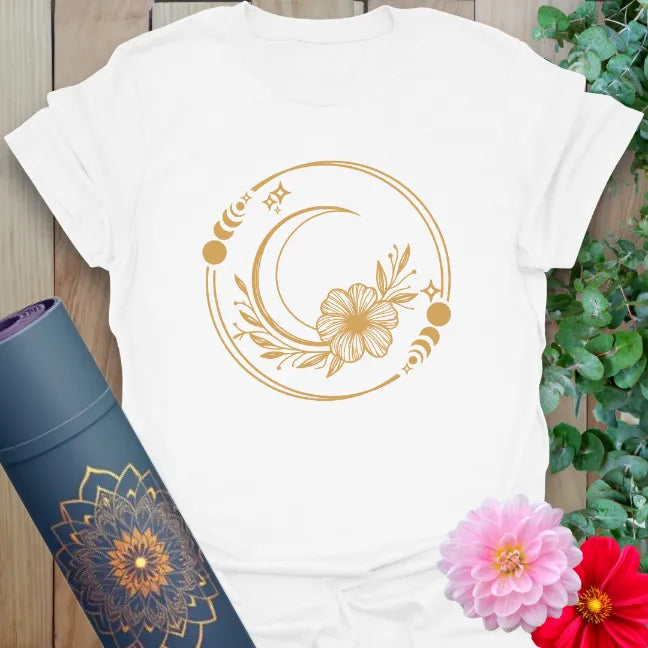 White Divine T-Shirt featuring celestial moon, floral artwork, and sacred balance theme