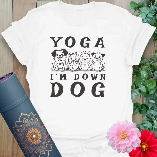 White Dog Ready T-Shirt featuring funny yoga dog graphic and bold lettering