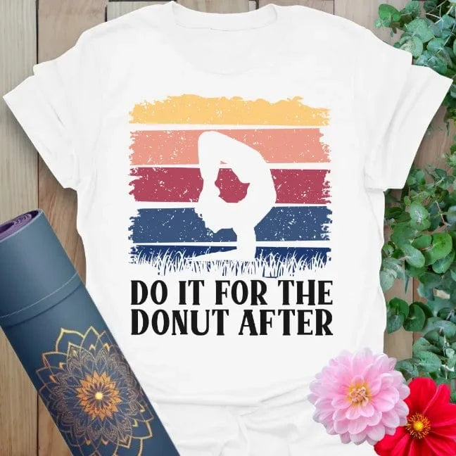 White Donut T-Shirt featuring playful yoga and donut motivation in colorful retro style
