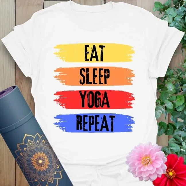 White yoga t-shirt with vibrant yoga lifestyle mantra in playful brushstrokes