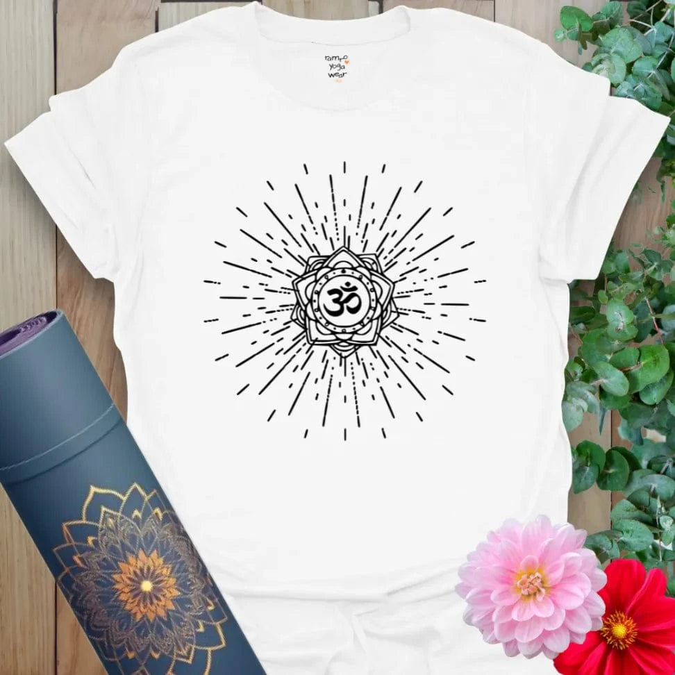 White Echo of Om T-Shirt featuring soft gray OM mandala-style vibration artwork