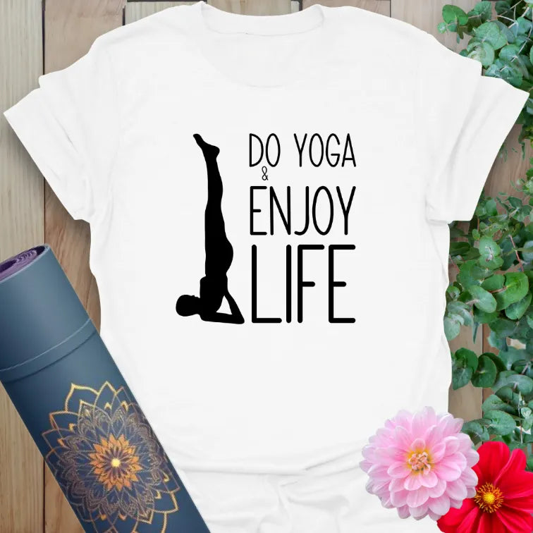 Clean white unisex yoga t-shirt featuring "Do Yoga & Enjoy Life" graphic for conscious, joyful living.