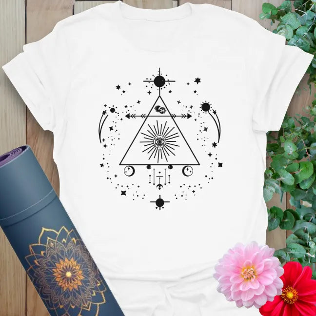 Clean white unisex yoga t-shirt featuring cosmic triangle and moon phases for spiritual alignment and mindful living.