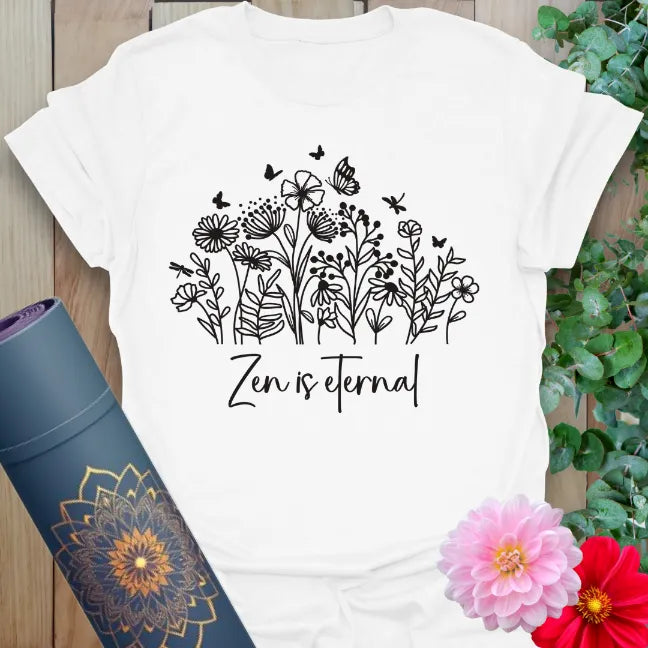 Clean white unisex yoga t-shirt with floral garden artwork and "Zen is Eternal" quote for peaceful living.