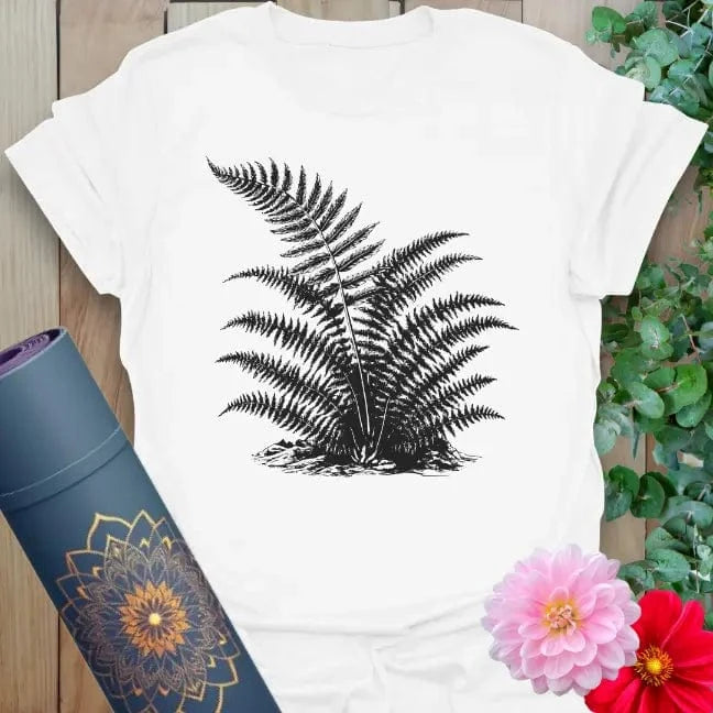Clean white unisex yoga t-shirt featuring delicate fern artwork for nature lovers and mindful adventurers.