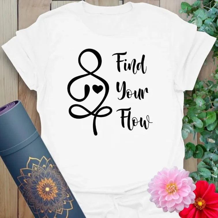 Clean white unisex yoga t-shirt showcasing simple flow design and inspirational message perfect for yogis and mindful movers.
