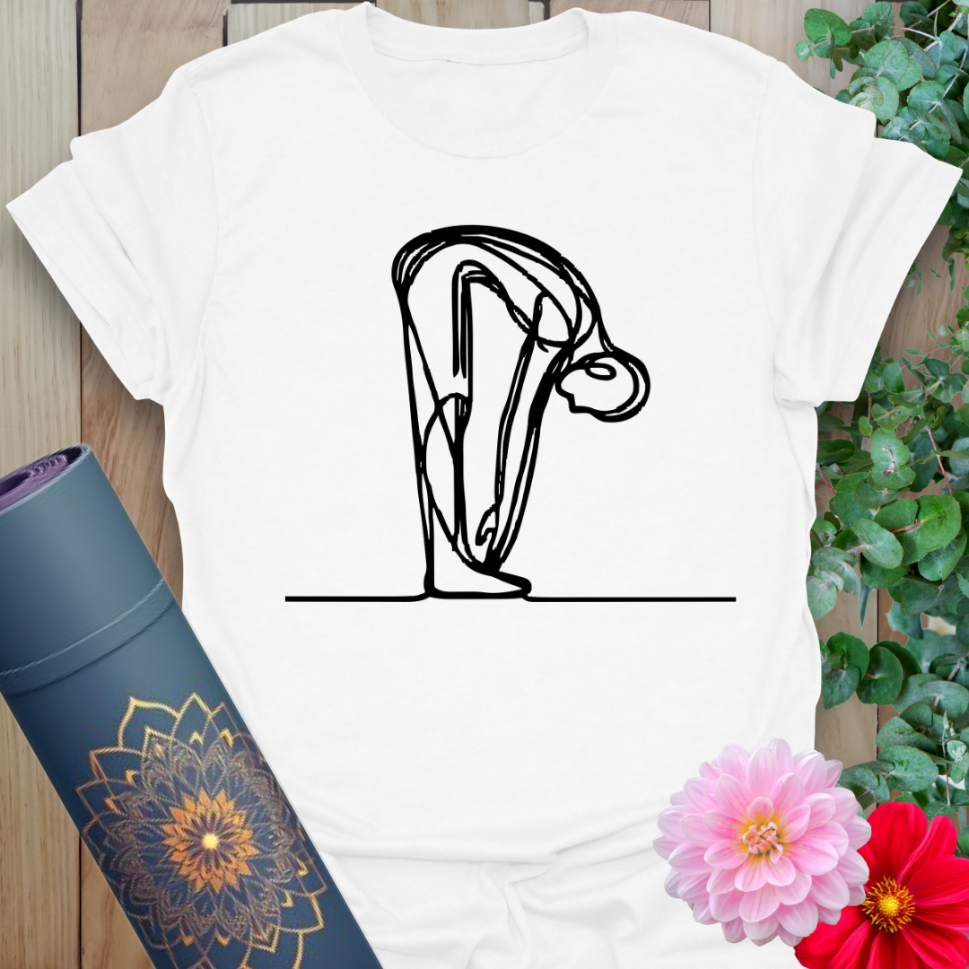 Clean white unisex yoga t-shirt showcasing elegant forward bend illustration perfect for yogis and mindful movers.
