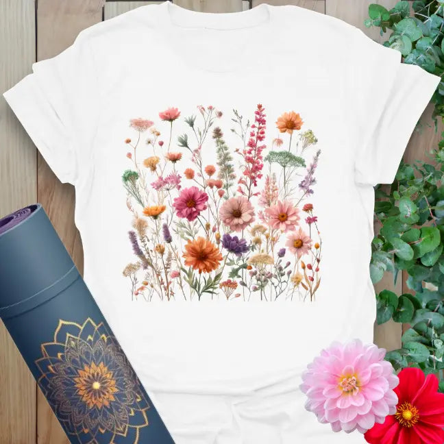 Clean white unisex yoga t-shirt with blooming gerbera and wildflower artwork celebrating nature, growth, and mindful presence.