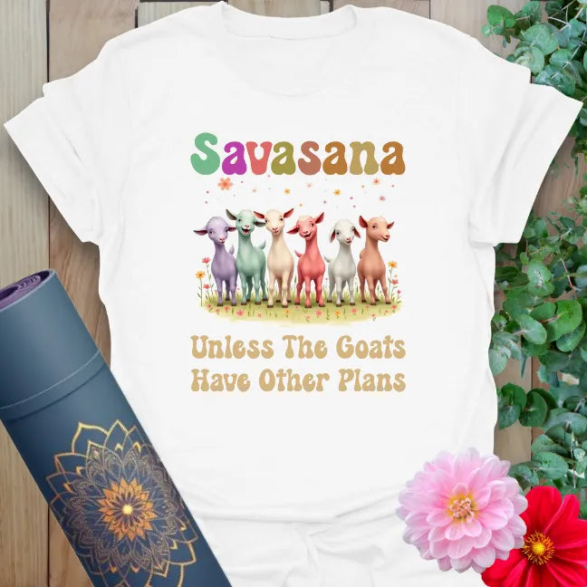 Clean white unisex yoga t-shirt showcasing colorful goat yoga design and humorous quote for conscious, joyful adventurers.