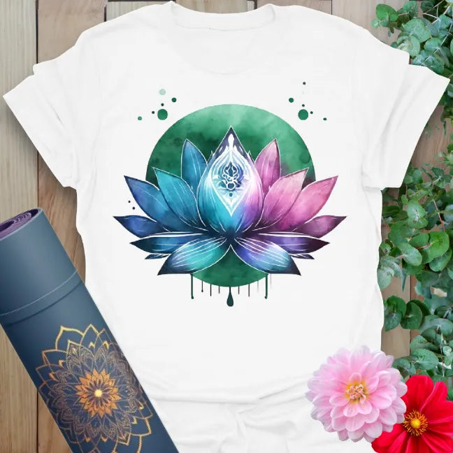 Clean white unisex yoga t-shirt with vibrant lotus bloom and conscious living symbolism for mindfulness practitioners.