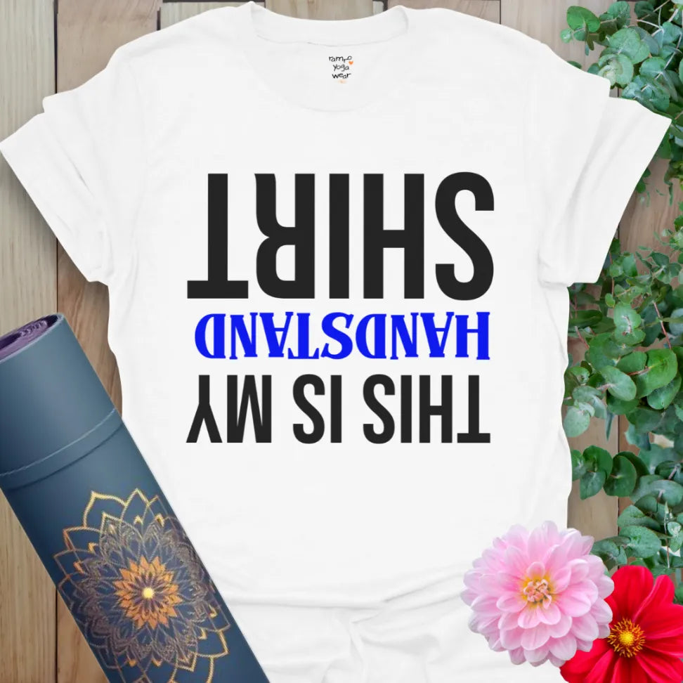 Clean white unisex yoga t-shirt showcasing playful upside-down message for soulful yogis and fitness lovers.