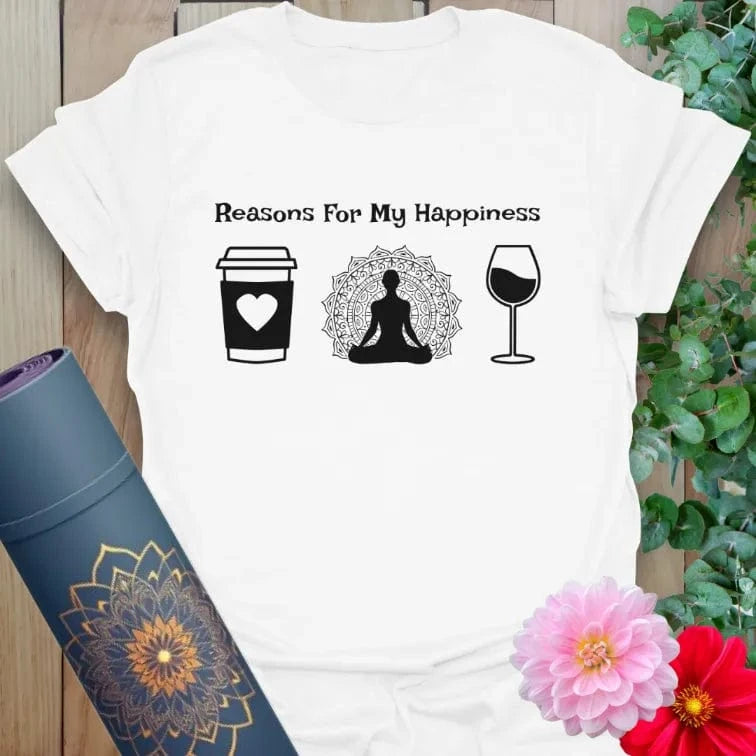Clean white unisex yoga t-shirt featuring "Reasons For My Happiness" design for mindful, joyful everyday living.