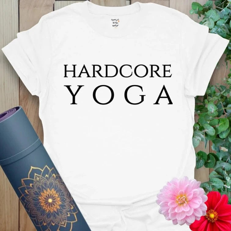 Clean white unisex yoga t-shirt with bold mindful strength message perfect for yoga lovers and conscious movers.