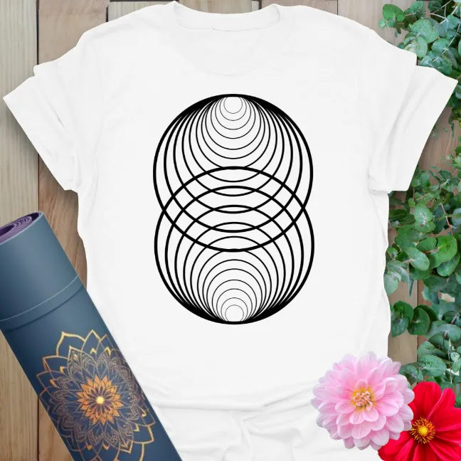 Clean white unisex yoga t-shirt featuring sacred geometry circles symbolizing unity, balance, and mindful spiritual connection.