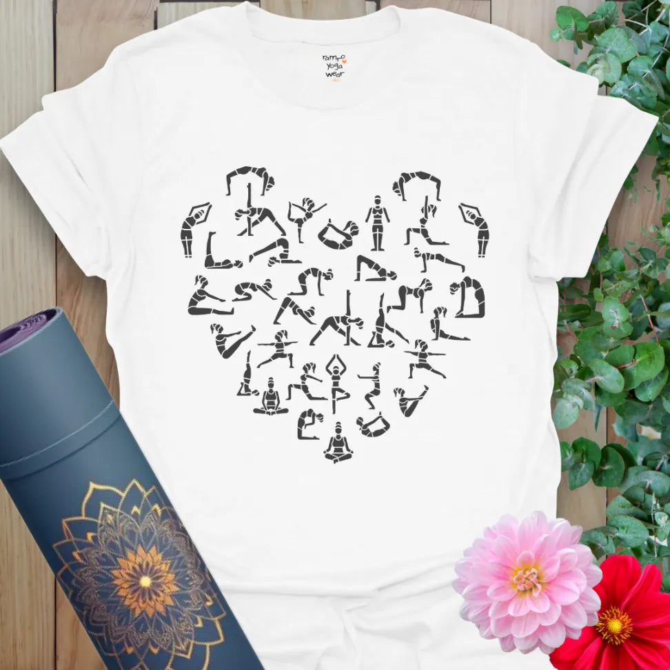 Clean white unisex yoga t-shirt featuring flowing yoga pose heart design perfect for mindful, soulful journeys.