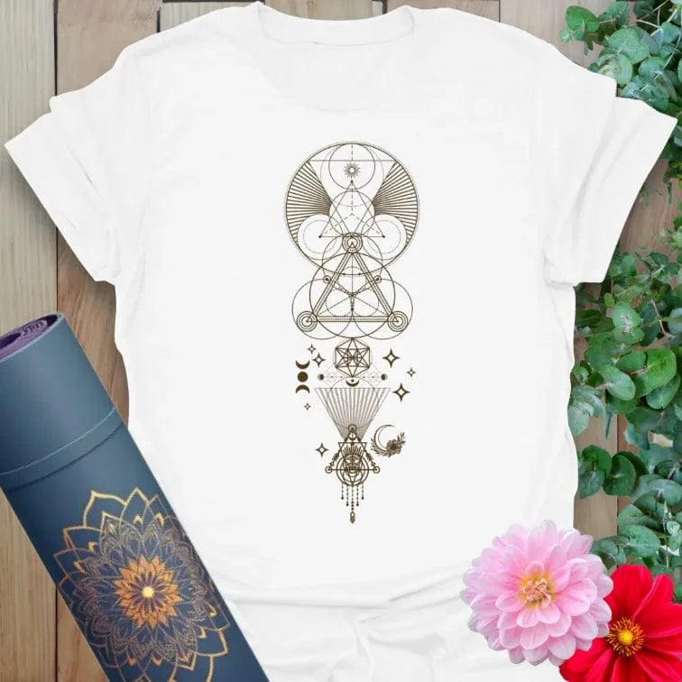 Clean white unisex yoga t-shirt featuring sacred cosmic design symbolizing mindful expansion and spiritual awareness.