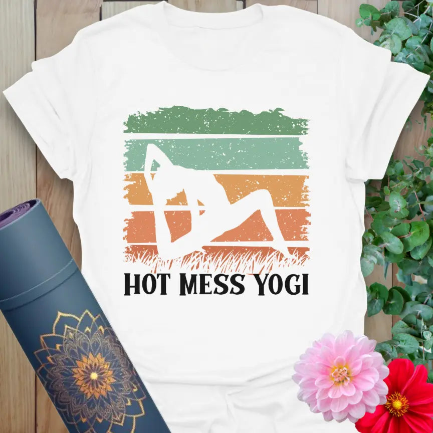 Clean white unisex yoga t-shirt with colorful yogi artwork and fun quote perfect for free-spirited mindful movement.