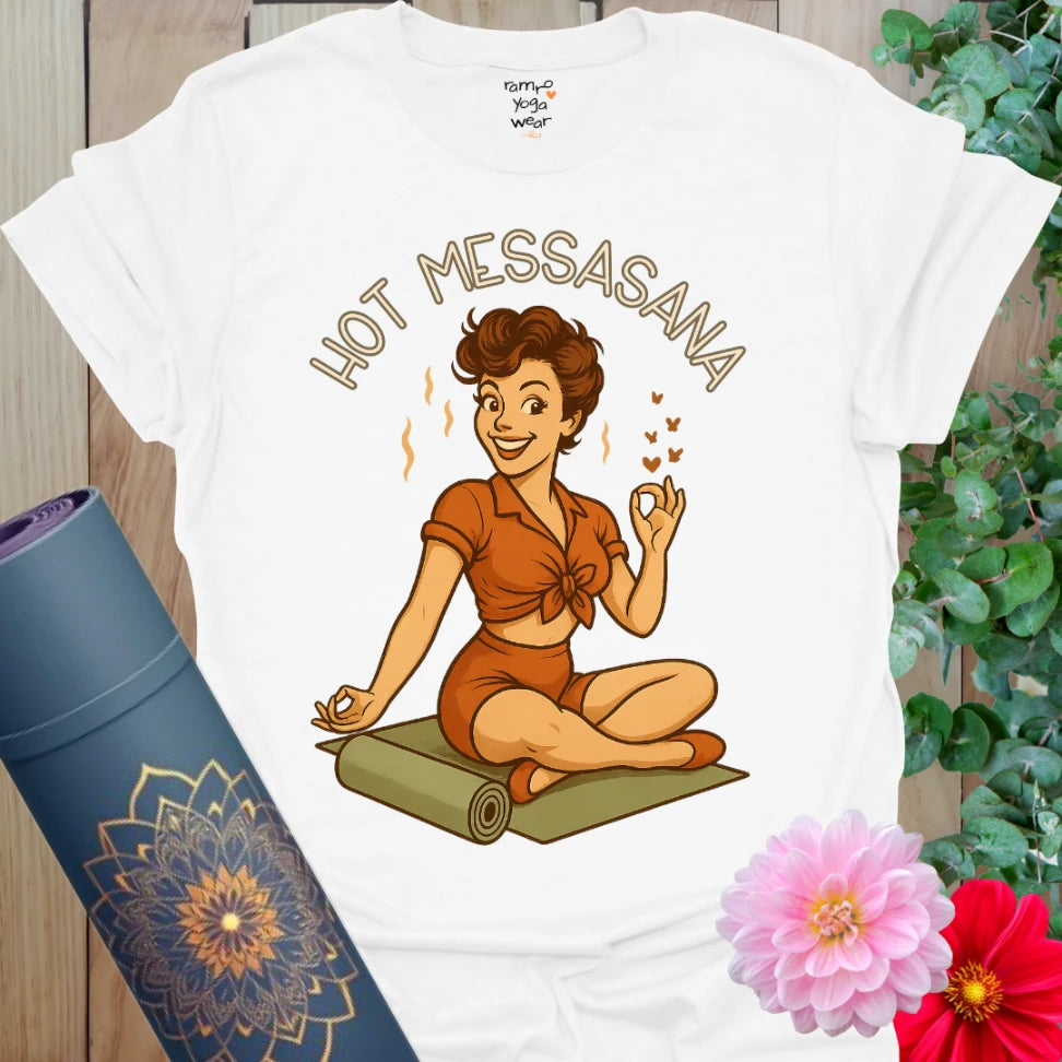 Crisp white cotton yoga tee featuring a retro pinup yogi design with cheeky steam swirls for playful movement.