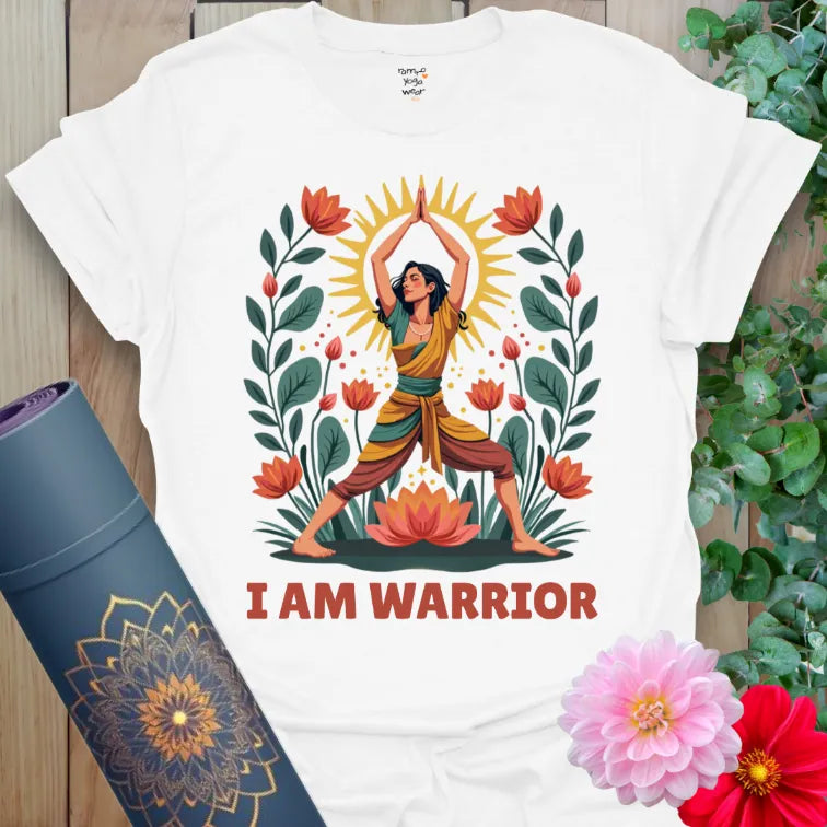 Clean white unisex yoga t-shirt showcasing vibrant Warrior Pose yogi and floral sunburst design for spiritual empowerment.