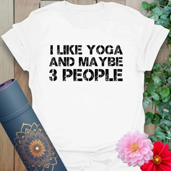 Clean white unisex yoga t-shirt showcasing funny yoga lifestyle design for soulful living and light-hearted mindfulness.