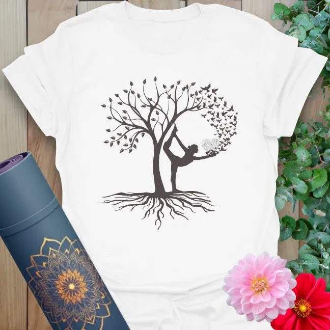 Clean white unisex yoga t-shirt featuring inspiring Tree Pose and flourishing tree design for yogis, dreamers, and mindful adventurers.