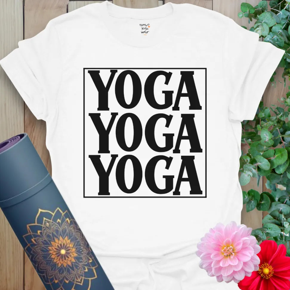 Clean white unisex yoga t-shirt featuring triple "YOGA" bold box design for simple, powerful, conscious living.