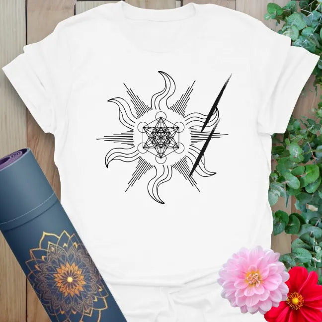 Clean white unisex yoga t-shirt featuring dynamic sacred geometry and lightning design for spiritual movement and mindful living.