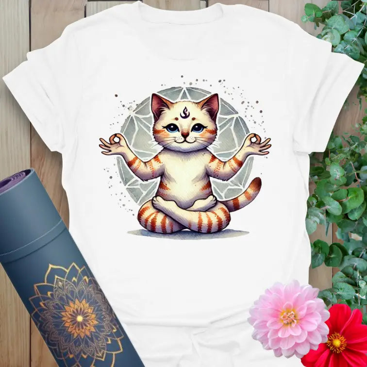 Clean white unisex yoga t-shirt showcasing adorable meditating cat and sacred mandala artwork for yoga lovers and feline fans.
