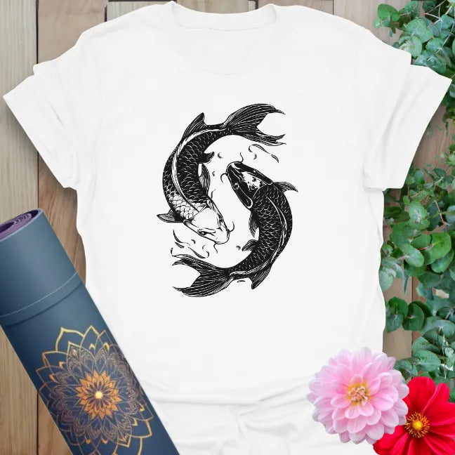 Clean white unisex yoga t-shirt featuring swirling koi fish artwork symbolizing strength, resilience, and inner peace.