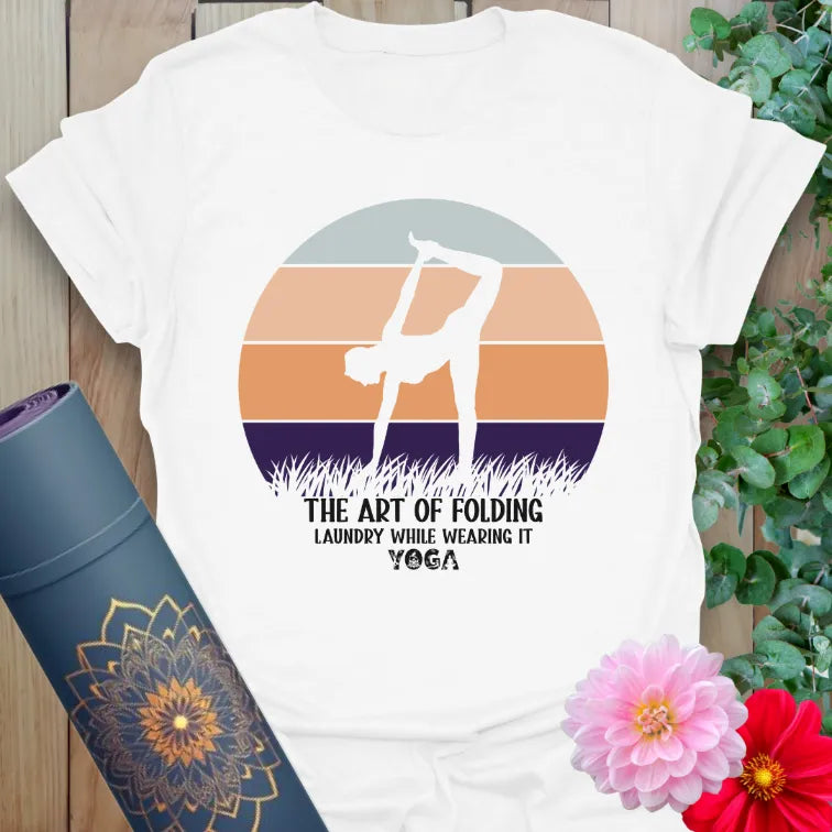 Clean white unisex yoga t-shirt showcasing playful yoga pose design and funny mindful living quote.